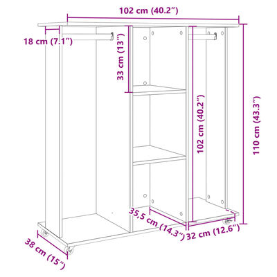 vidaXl ratastega riidekapp, valge, 102 x 38 x 110 cm, tehispuit