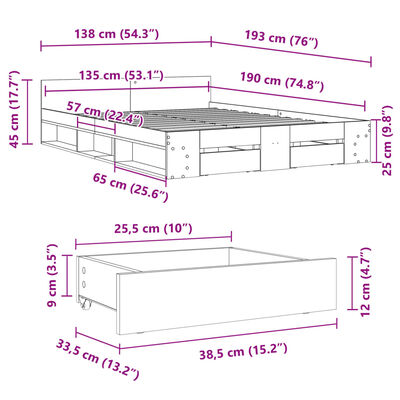 vidaXL voodiraam sahtlitega, must, 135x190 cm, tehispuit