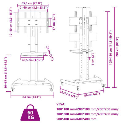 vidaXL ratastel telerialus, 32-70 tolli, max VESA 600x400 mm 60 kg