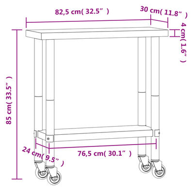 vidaXL köögi töölaud ratastega, 82,5 x 30 x 85 cm, roostevaba teras