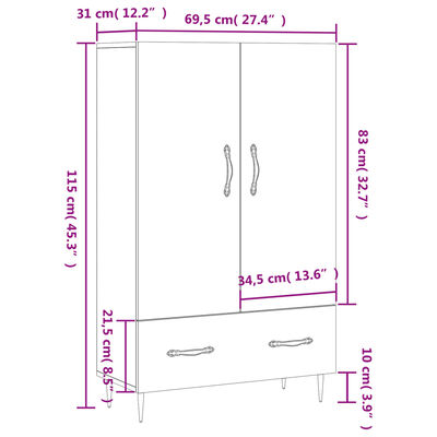 vidaXL kõrge kapp, hall Sonoma tamm, 69,5 x 31 x 115 cm, tehispuit