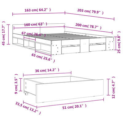 vidaXL voodiraam sahtlitega, hall Sonoma tamm, 160x200 cm, tehispuit