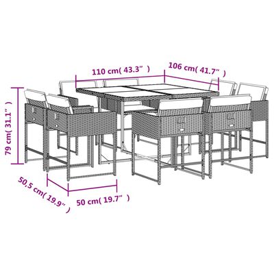 vidaXL 9-osaline aiamööbli komplekt patjadega, helehall, polürotang