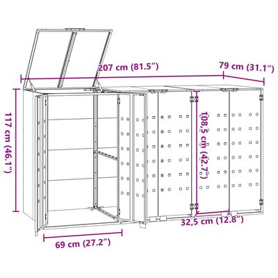 vidaXL ratastega prügikasti kuur 3 prügikastile, 207x79x117 cm, teras