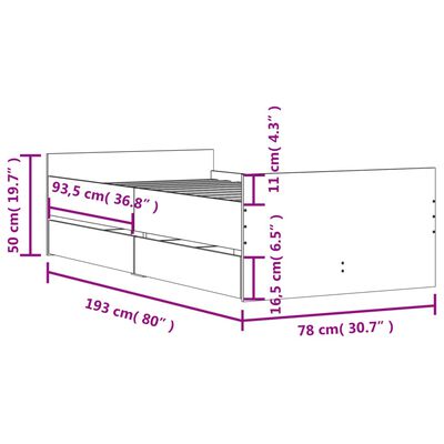 vidaXL voodiraam sahtlitega, pruun tamm, 75 x 190 cm