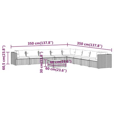 vidaXL 10-osaline aiamööblikomplekt patjadega, polürotang, hall