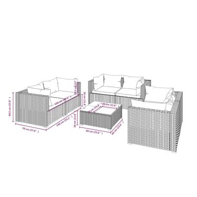 vidaXL 7-osaline aiamööbli komplekt patjadega, hall, polürotang