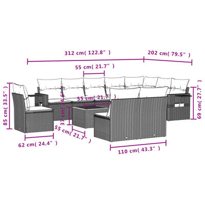 vidaXL 11-osaline aiadiivani komplekt patjadega, hall, polürotang