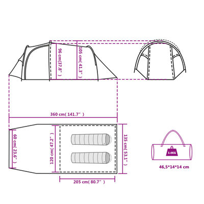 vidaXL 4 inimese matkatelk, roheline, 360 x 140 x 105 cm, 185T taft