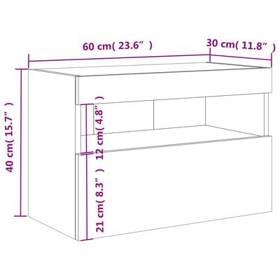 vidaXL teleri seinakapp LED-tuledega, hall Sonoma tamm, 60x30x40 cm