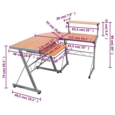 vidaXL nurga arvutilaud, pruun, 132 x 112 x 99 cm, tehispuit