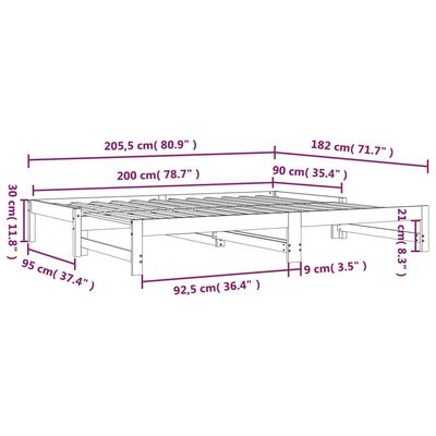 vidaXL väljatõmmatav päevavoodi ilma madratsita, valge, 2x(90x200) cm