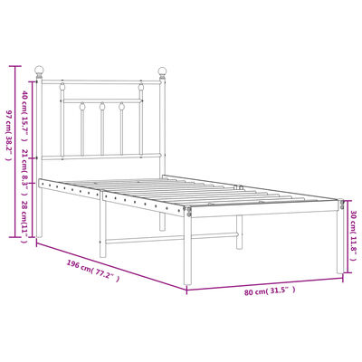 vidaXL metallist voodiraam peatsiga, must, 75x190 cm