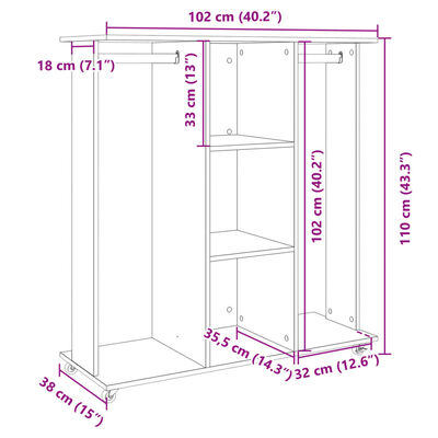 vidaXl ratastega riidekapp, must, 102 x 38 x 110 cm, tehispuit