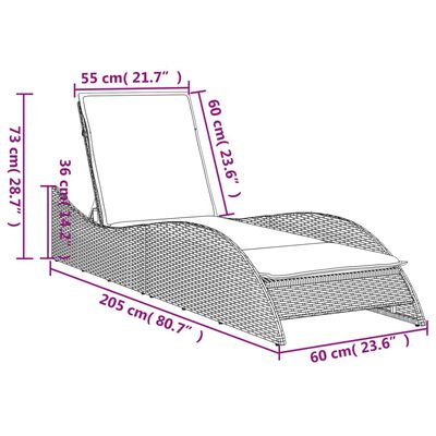 vidaXL päevitustool padjaga, helehall, 60x205x73 cm, polürotang