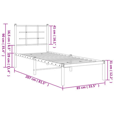 vidaXL metallist voodiraam peatsiga, valge, 80x200 cm