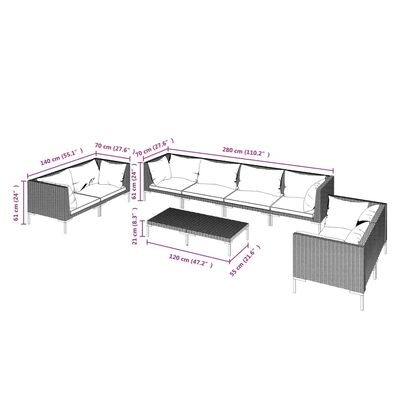 vidaXL 9-osaline aiamööbli komplekt patjadega, polürotang, tumehall