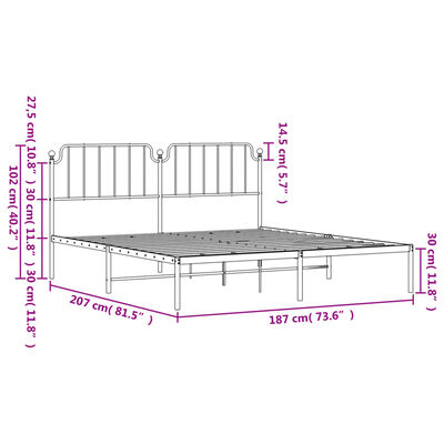 vidaXL metallist voodiraam peatsiga, valge, 180x200 cm