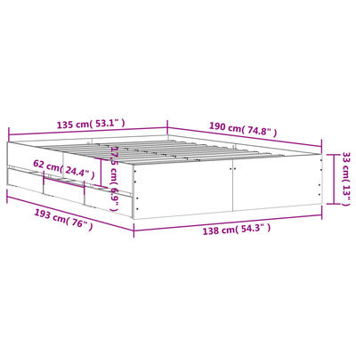 vidaXL voodiraam sahtlitega, Sonoma tamm, 135x190 cm, tehispuit