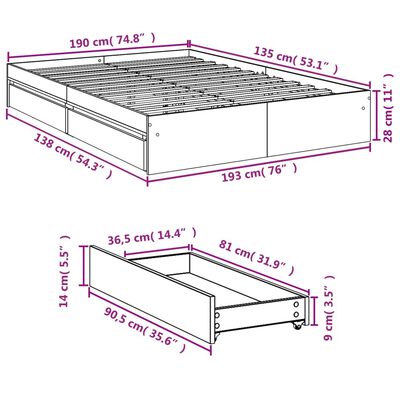 vidaXL voodiraam sahtlitega, must, 135x190 cm, tehispuit