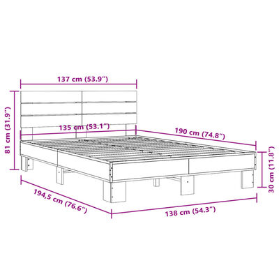 vidaXL voodiraam, pruun tamm, 135 x 190 cm, tehispuit ja metall