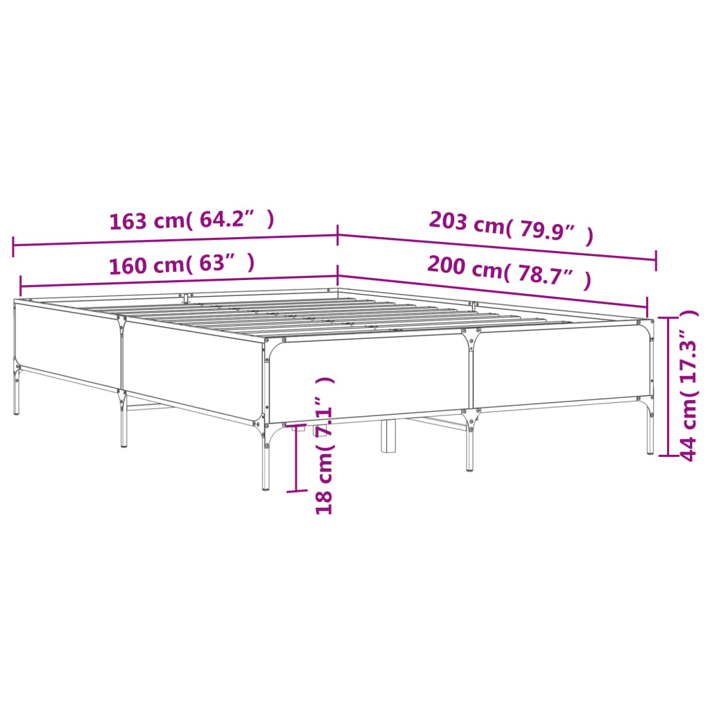 vidaXL voodiraam, hall Sonoma tamm, 160 x 200 cm, tehispuit ja metall