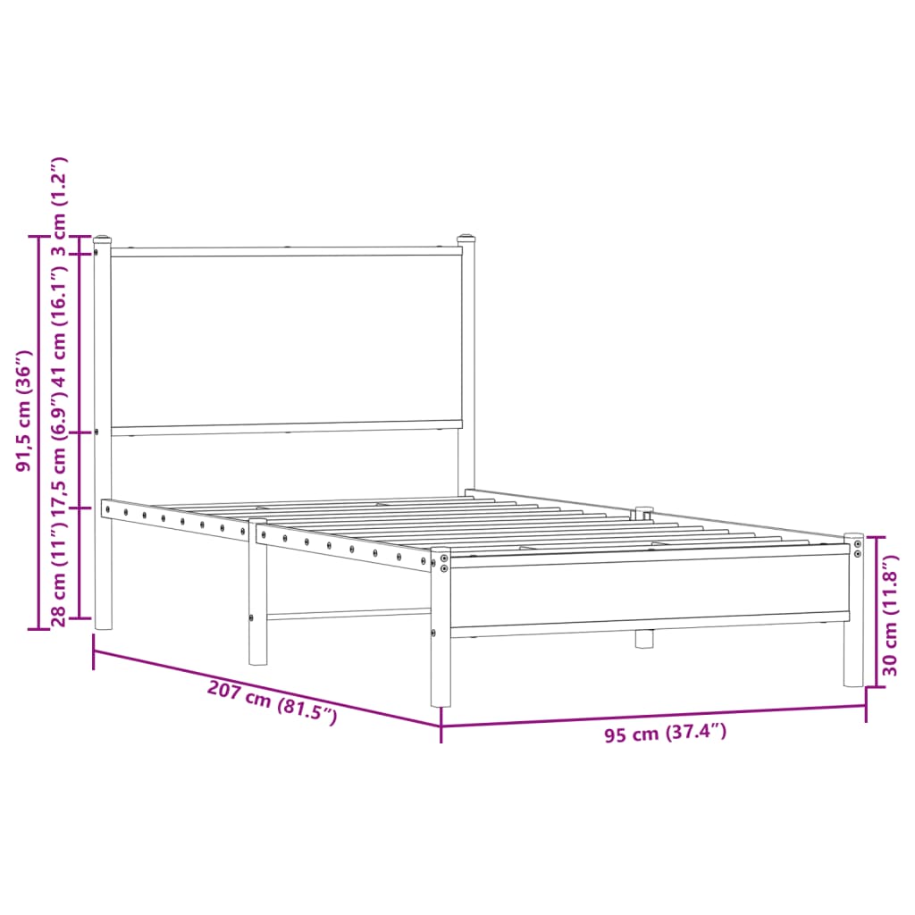 vidaXL metallist voodiraam peatsiga, pruun tamm, 90x200 cm