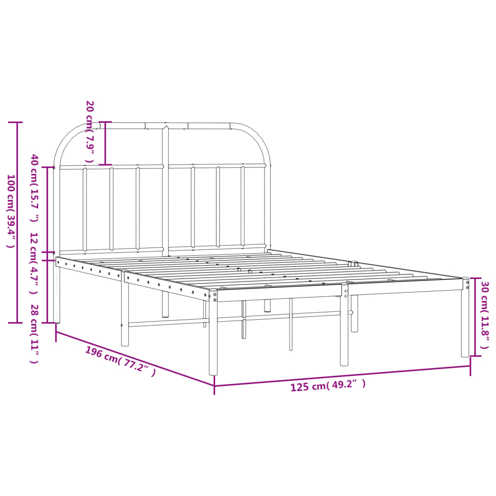 vidaXL metallist voodiraam peatsiga, must, 120x190 cm