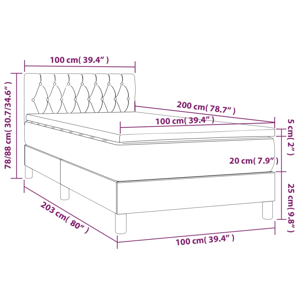 vidaXL kontinentaalvoodi madrats, LED, tumeroheline, 100x200 cm, samet