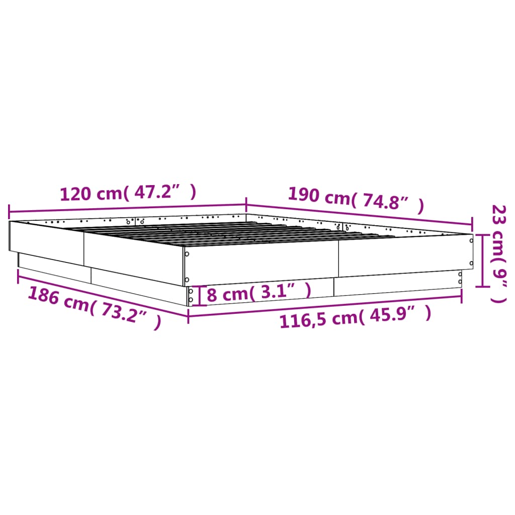 vidaXL voodiraam LED-tuledega, betoonhall, 120 x 190 cm