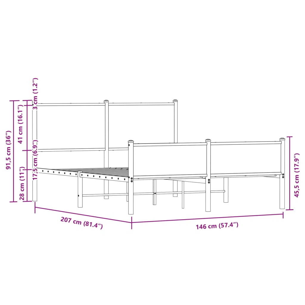 vidaXL metallist voodiraam peatsi ja jalutsiga pruun tamm 140x200cm