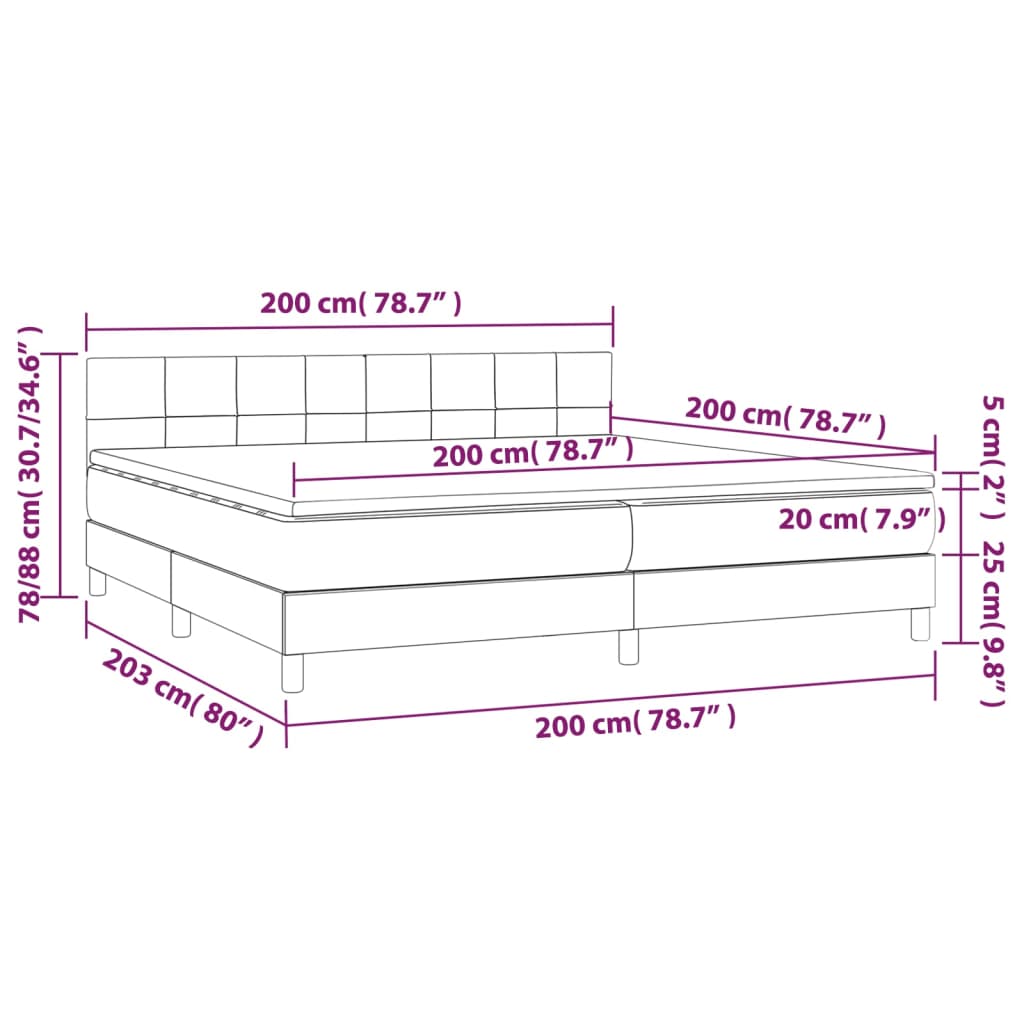 vidaXL kontinentaalvoodi madrats, LED, tumesinine, 200x200 cm, samet