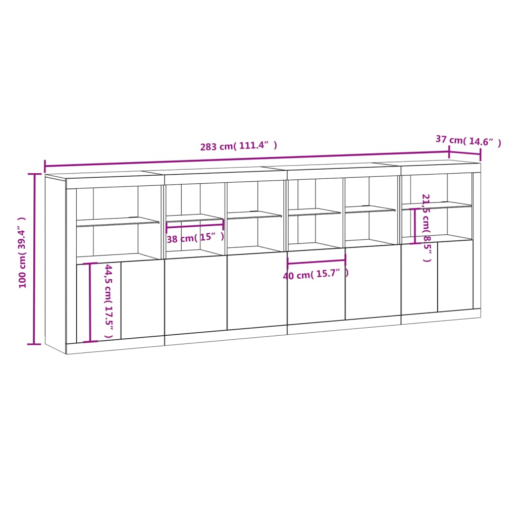 vidaXL puhvetkapp LED-tulega, betoonhall, 283 x 37 x 100 cm