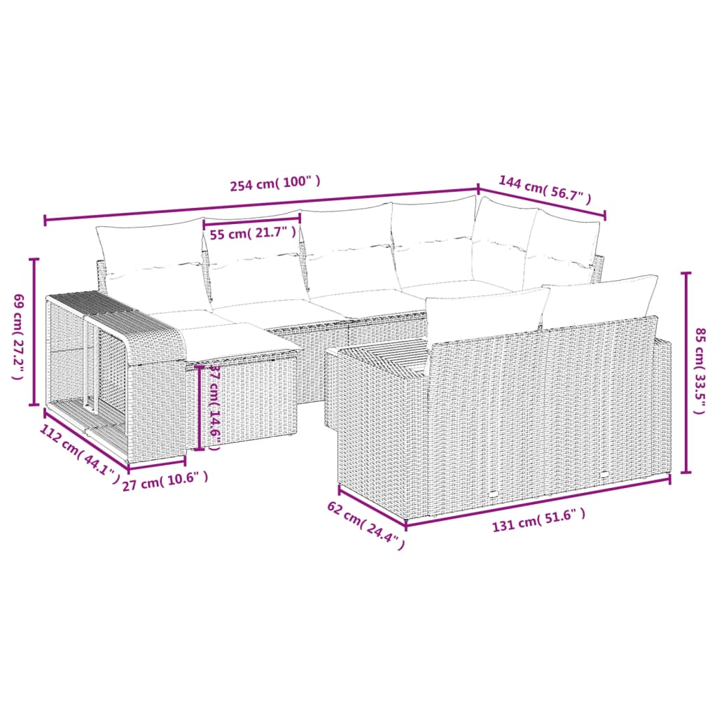 vidaXL 11-osaline aiadiivani komplekt patjadega, hall, polürotang