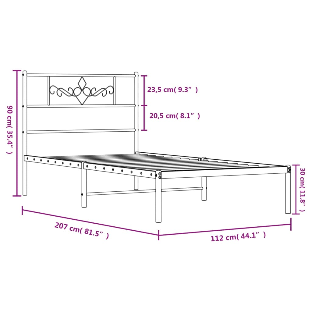 vidaXL metallist voodiraam peatsiga, valge, 107x203 cm