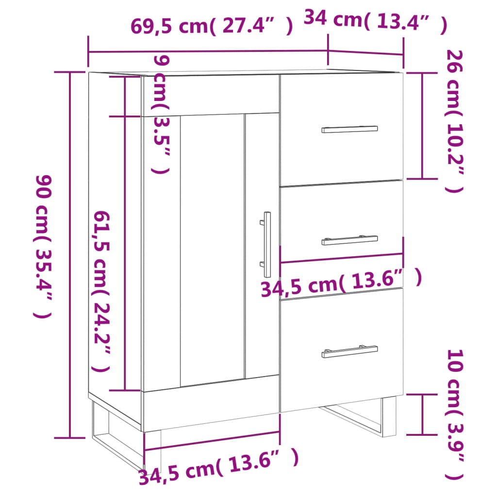 vidaXL puhvetkapp, valge, 69,5 x 34 x 90 cm, tehispuit