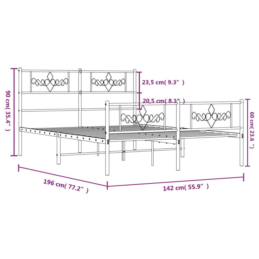 vidaXL metallist voodiraam peatsi ja jalutsiga, valge, 135 x 190 cm