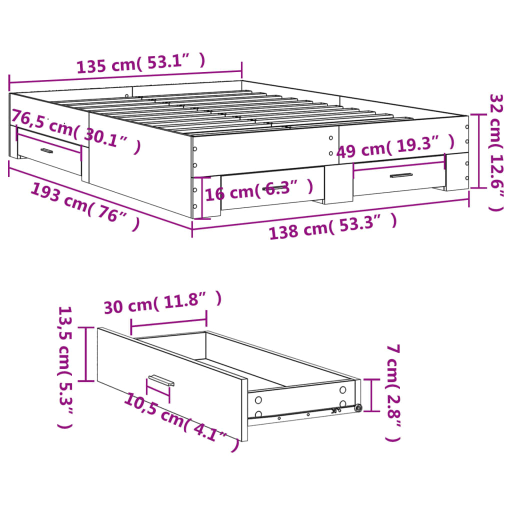 vidaXL voodiraam sahtlitega, must, 135x190 cm, tehispuit