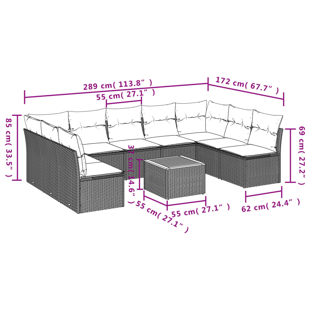 vidaXL 10-osaline aiadiivani komplekt patjadega, hall, polürotang