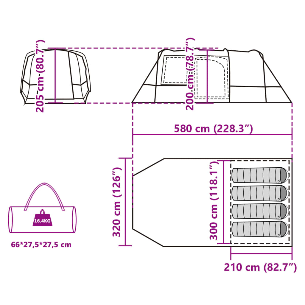 vidaXL matkatelk 4 inimesele, tunnel, sinine, veekindel