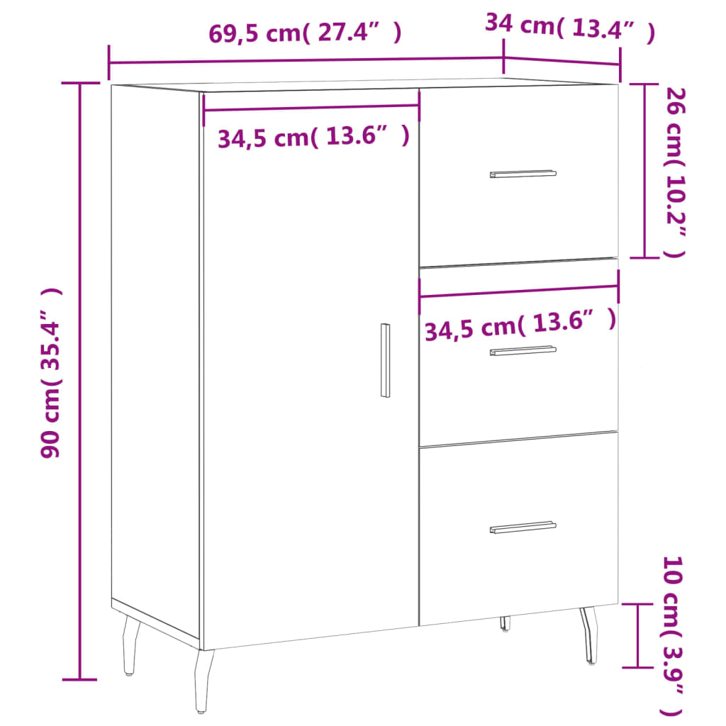 vidaXL puhvetkapp, valge, 69,5 x 34 x 90 cm, tehispuit