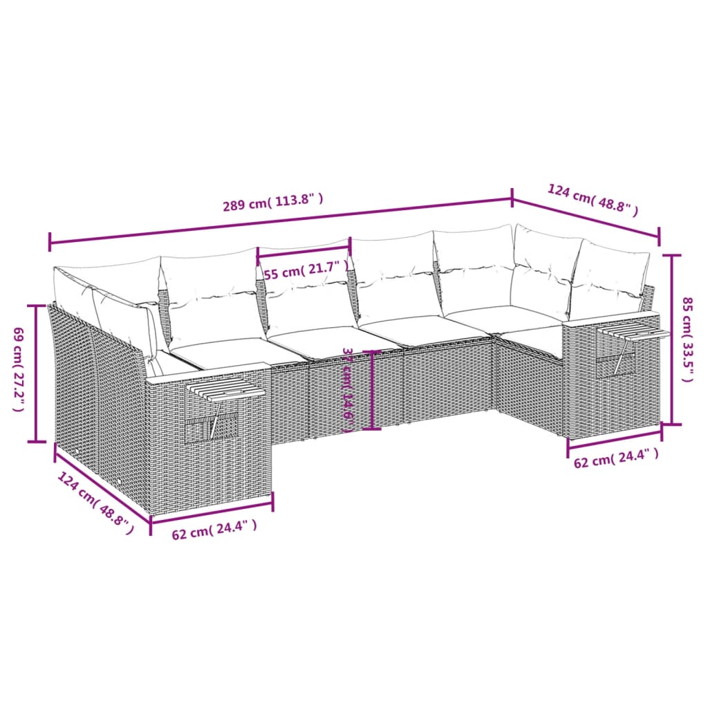 vidaXL 7-osaline aiadiivani komplekt patjadega, hall, polürotang