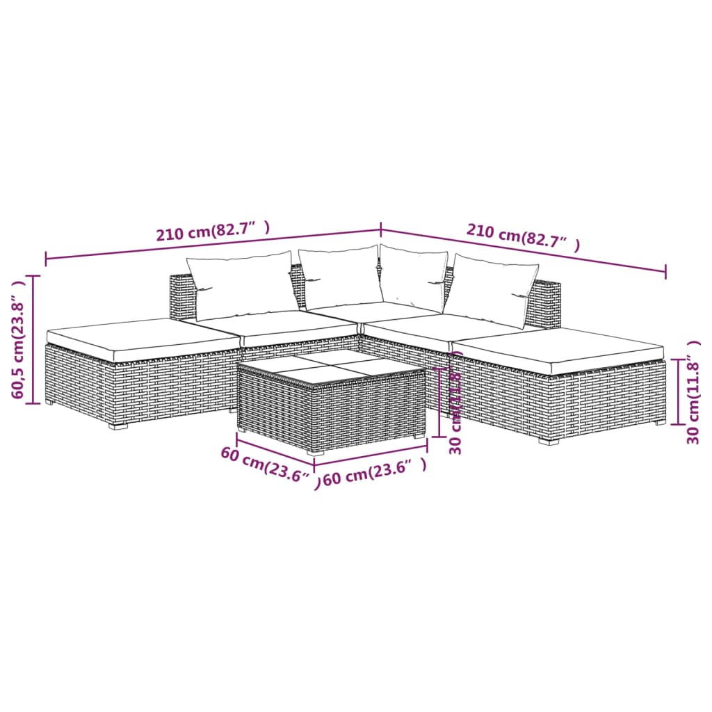 vidaXL 6-osaline aiamööbli komplekt patjadega, polürotang, hall