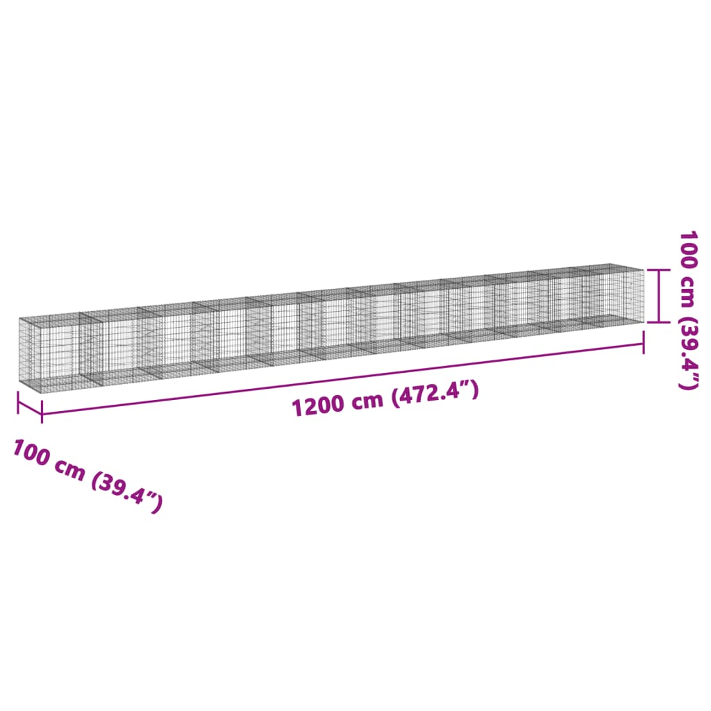 vidaXL kaanega gabioonkorv, 1200x100x100 cm, tsingitud raud