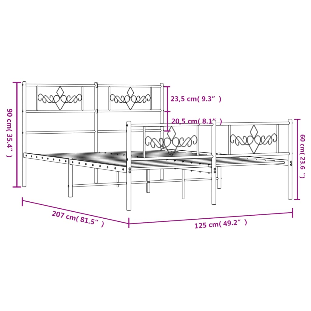 vidaXL metallist voodiraam peatsi ja jalutsiga, must, 120x200 cm