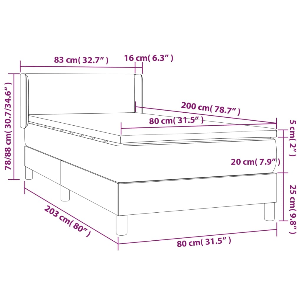 vidaXL kontinentaalvoodi madratsiga, must, 80x200 cm, samet