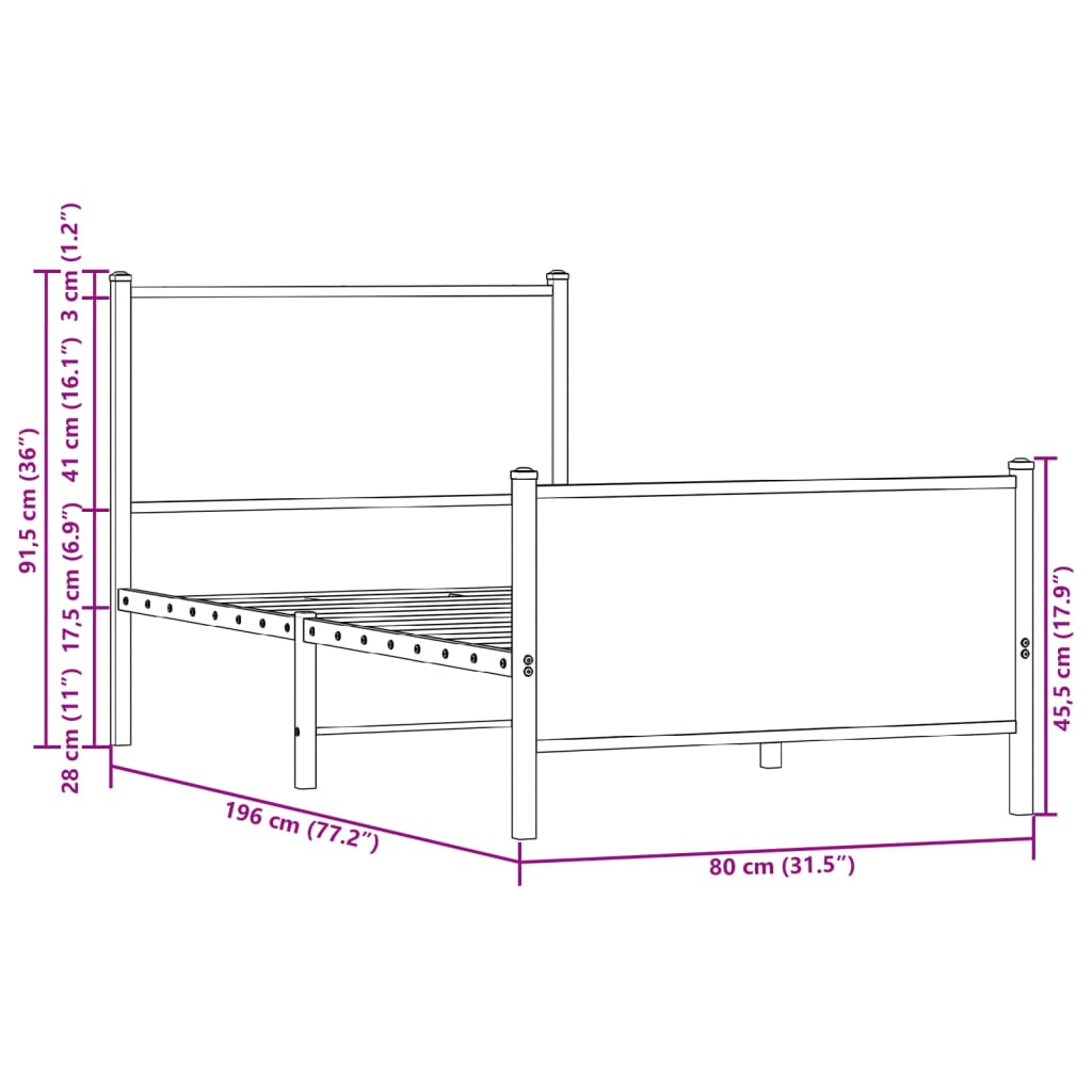 vidaXL metallist voodiraam ilma madratsita suitsutatud tamm 75x190 cm