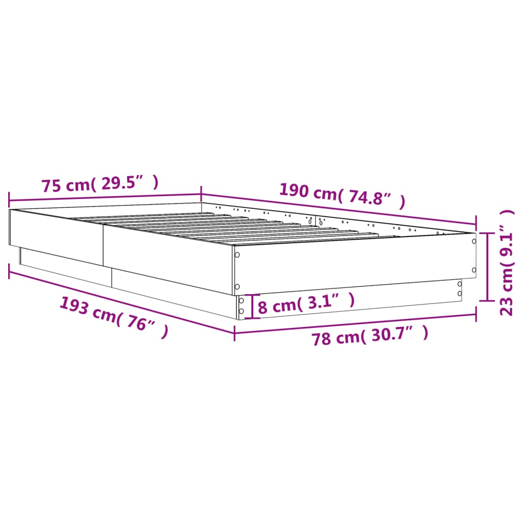 vidaXL voodiraam, suitsutatud tamm,75x190 cm, tehispuit