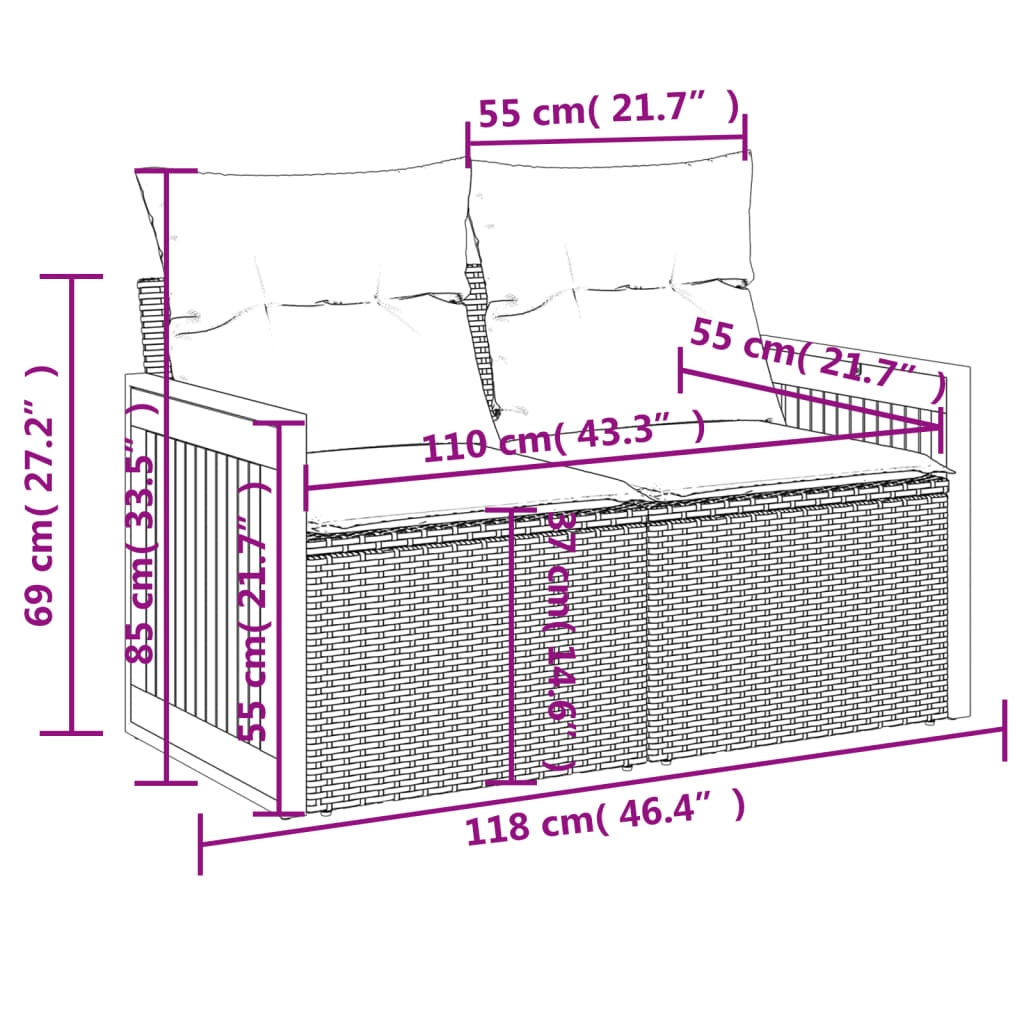 vidaXL 11-osaline aiadiivani komplekt patjadega, hall, polürotang