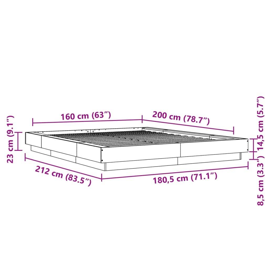 vidaXL voodiraam, hall Sonoma tamm, 160 x 200 cm, tehispuit